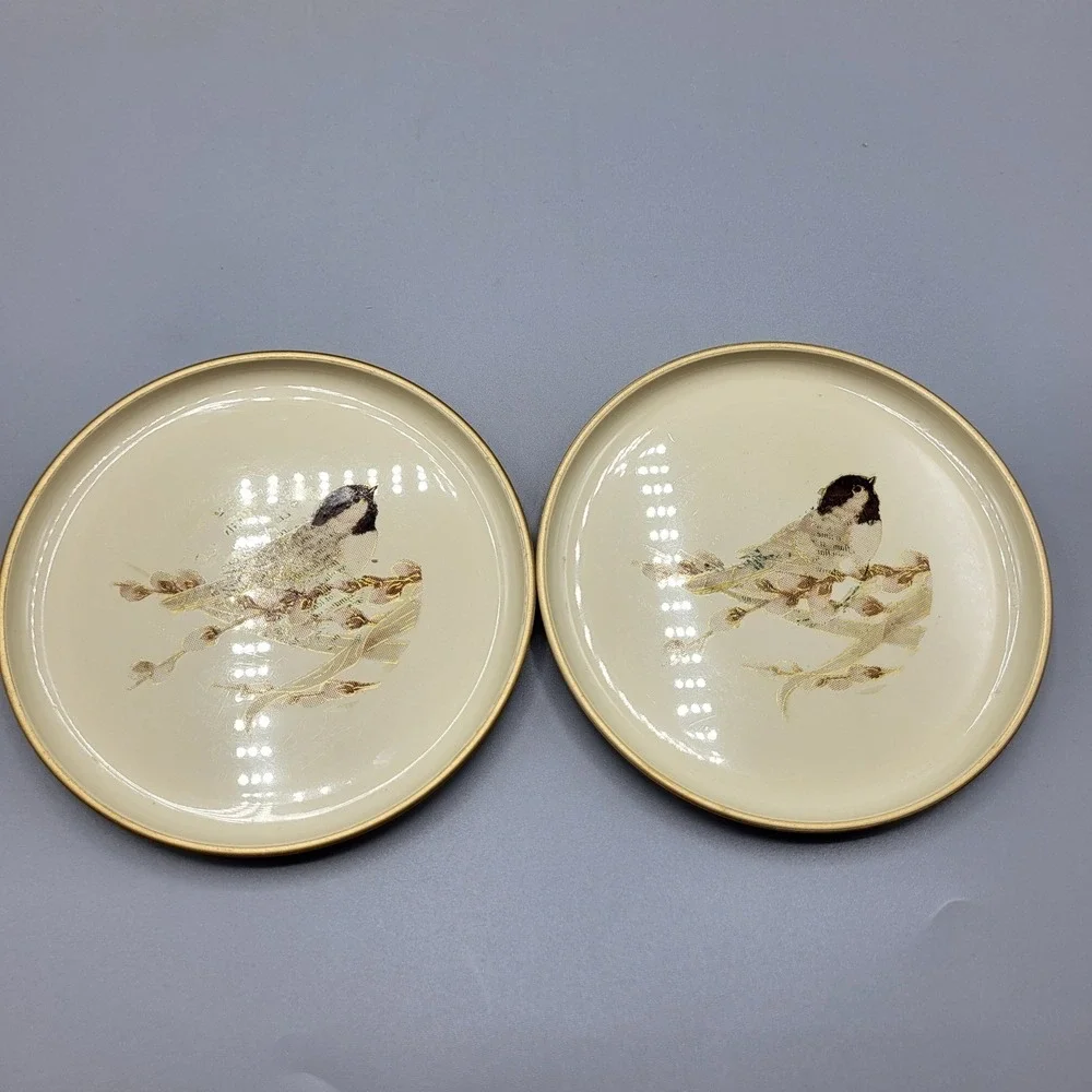 Otagiri Japanese Lacquerware Coaster Set Bird Willow Tree Motif Cream Gold Table